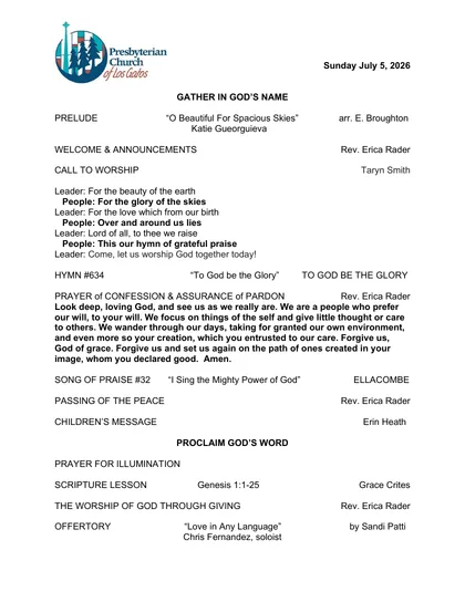 Page one of the bulletin for Sunday, July 5, 2026: the PCLG mark, the date, and the opening of the order of worship.