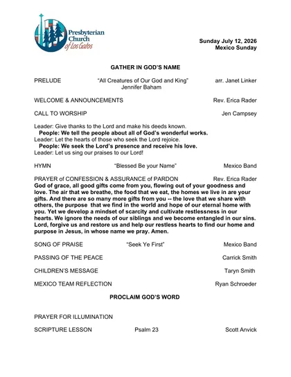Page one of the bulletin for Sunday, July 12, 2026: the PCLG mark, the date, and the opening of the order of worship.