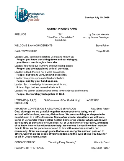 Page one of the bulletin for Sunday, July 19, 2026: the PCLG mark, the date, and the opening of the order of worship.