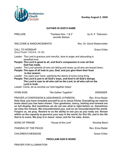 Page one of the bulletin for Sunday, August 2, 2026: the PCLG mark, the date, and the opening of the order of worship.
