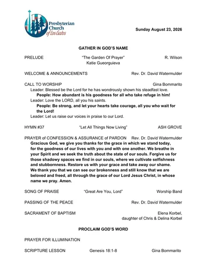 Page one of the bulletin for Sunday, August 23, 2026: the PCLG mark, the date, and the opening of the order of worship.
