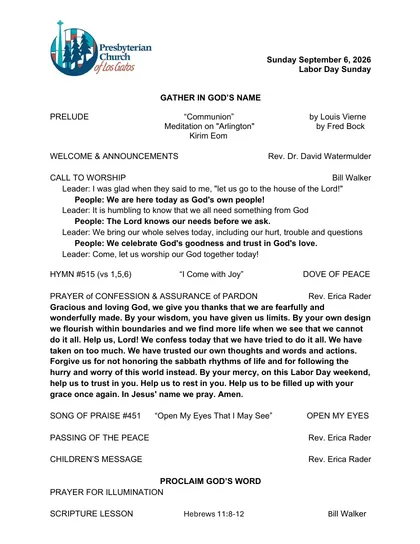Page one of the bulletin for Sunday, September 6, 2026: the PCLG mark, the date, and the opening of the order of worship.