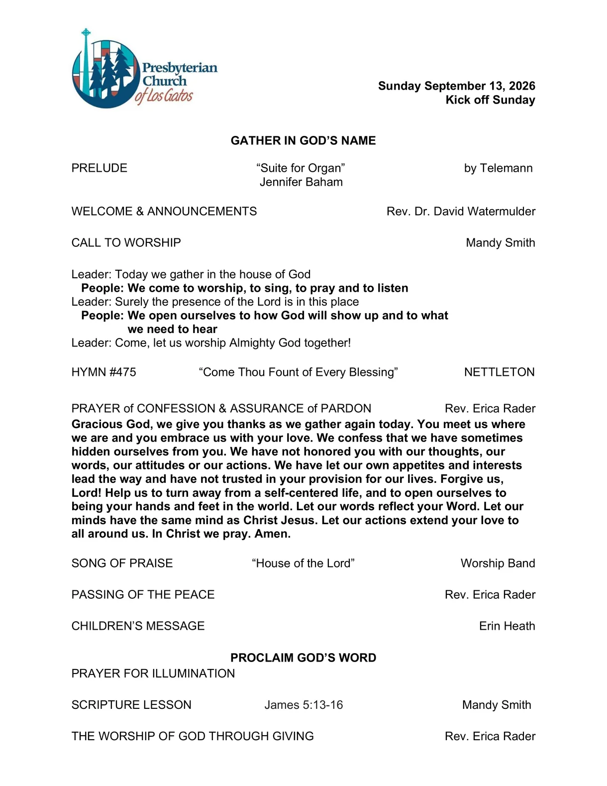 Page one of the latest worship bulletin, dated Sunday, September 13, 2026.