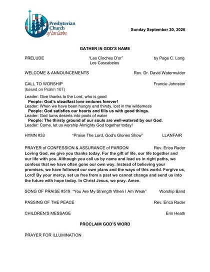 Page one of the bulletin for Sunday, September 20, 2026: the PCLG mark, the date, and the opening of the order of worship.