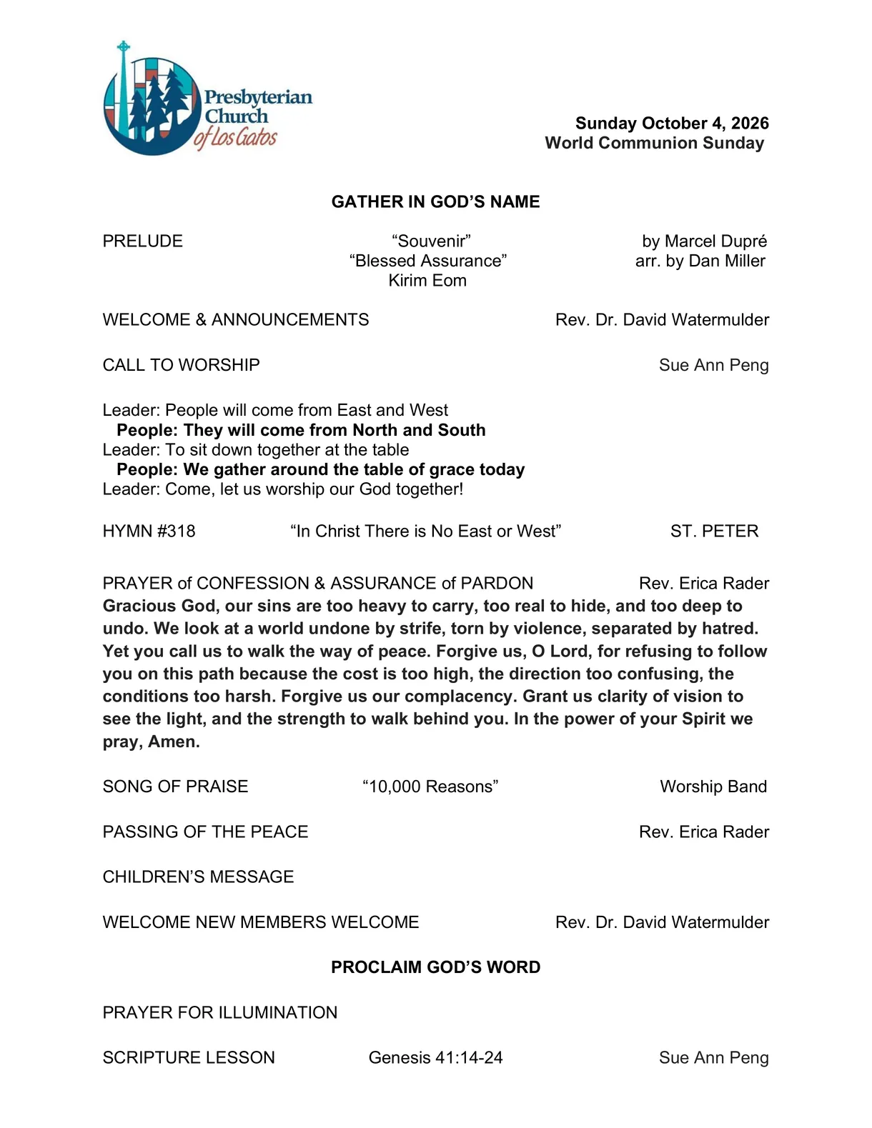 Page one of the latest worship bulletin, dated Sunday, October 4, 2026.