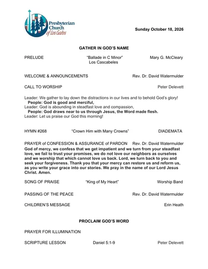 Page one of the bulletin for Sunday, October 18, 2026: the PCLG mark, the date, and the opening of the order of worship.