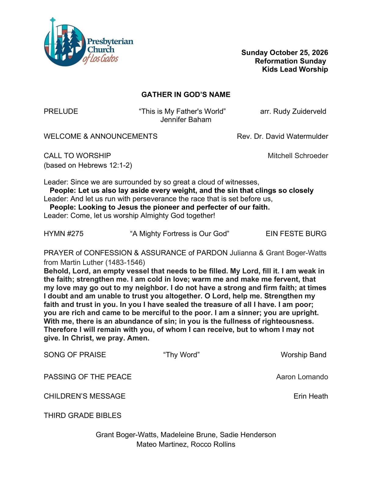 Page one of the latest worship bulletin, dated Sunday, October 25, 2026.