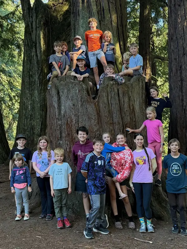 Children from the church sitting and standing across a large redwood stump.
